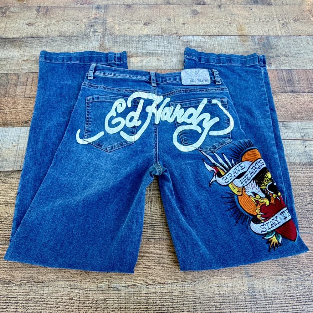 Y2K Ed Hardy Jeans Womens 26 Blue Denim Embroidered Eagle Brave Hearts Stay True